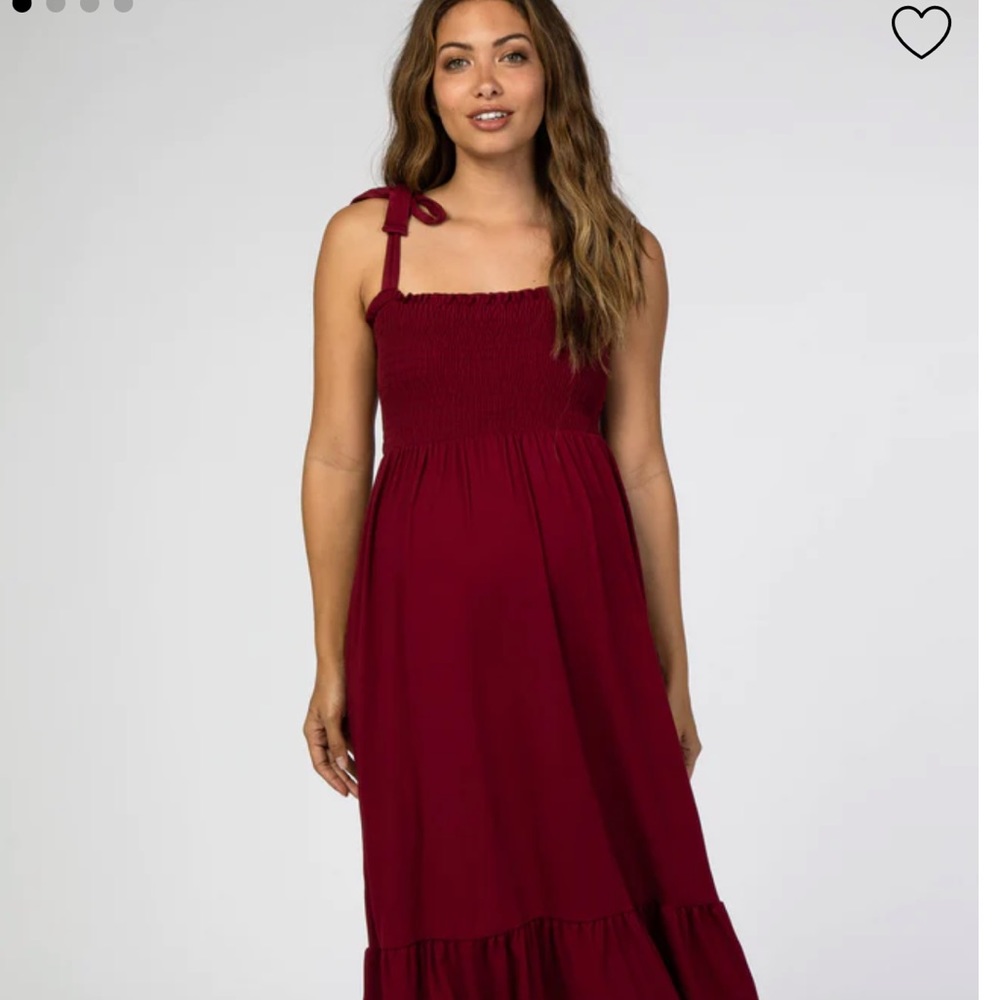 Burgundy Self-Tie Smocked Maternity Midi Dress